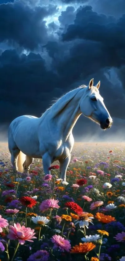 White horse in vibrant flower field with dramatic sky.