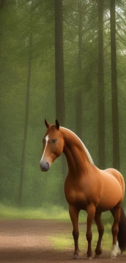 Majestic brown horse standing in a lush green forest path.