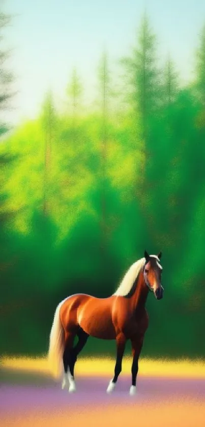 Majestic horse standing in lush green forest.