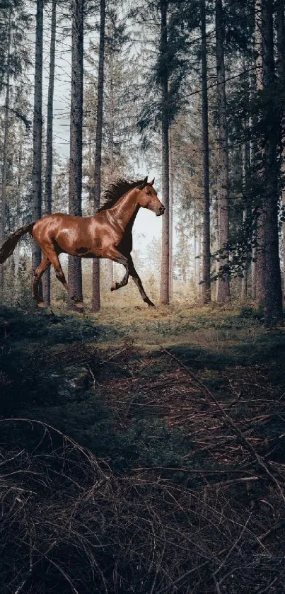 Majestic horse running through a serene forest landscape.