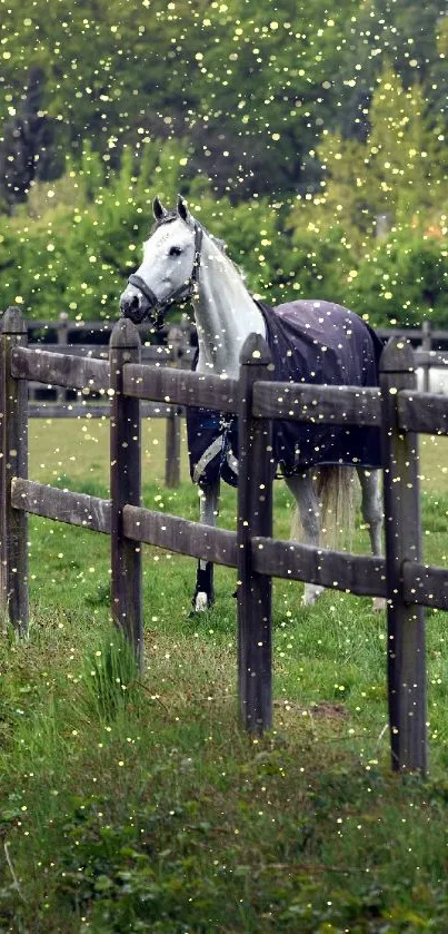 Majestic horse in a lush green pasture with a beautiful wooden fence.