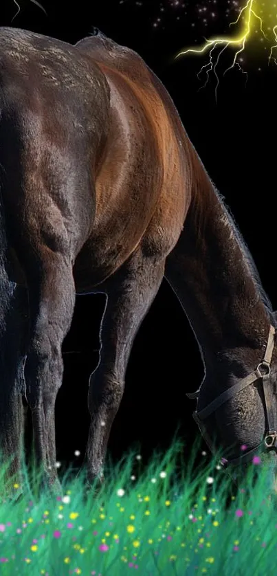 Majestic horse under lightning with colorful grass.