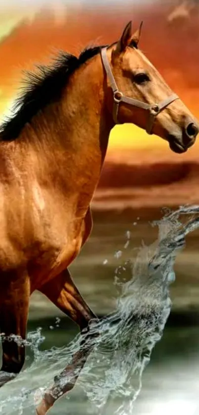 Majestic horse galloping through water at sunset.