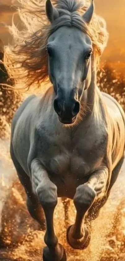Majestic white horse running by sunset waters.