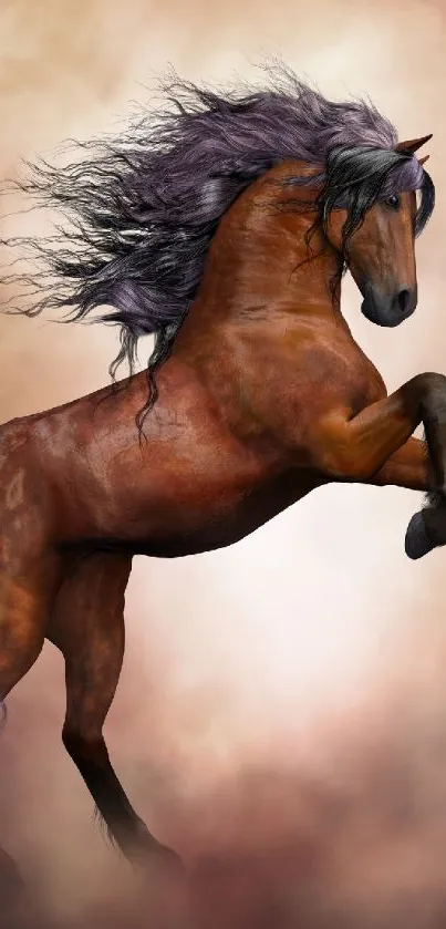 Majestic horse rearing in dramatic clouds wallpaper.