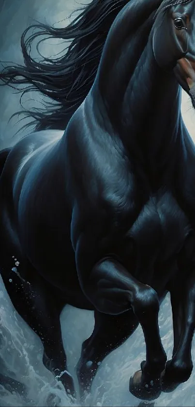 A majestic black horse running through water in a dynamic motion scene.