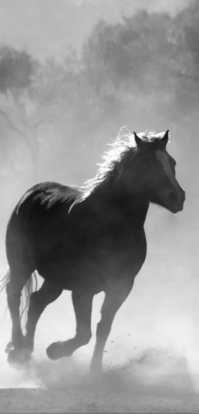 Black and white wallpaper of a running horse in the dust.