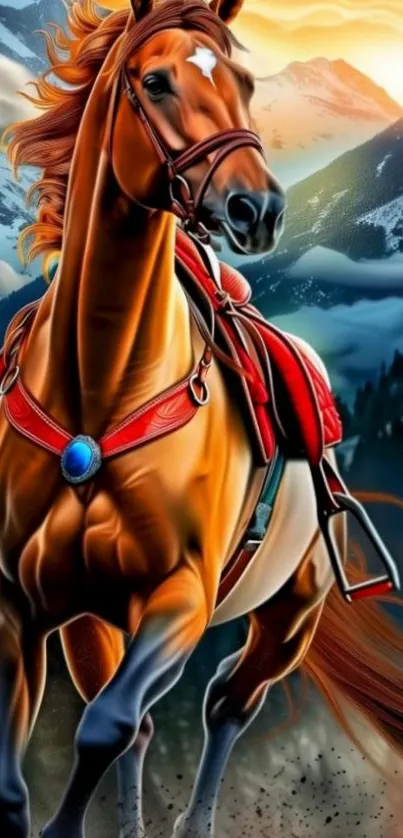 Majestic horse in a vibrant mountain setting.