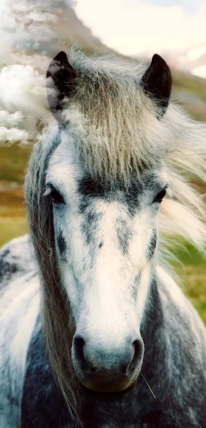 Majestic horse in serene mountain landscape wallpaper.