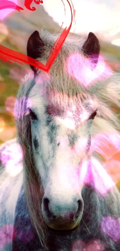 Majestic horse in a scenic mountain landscape with a red heart accent.