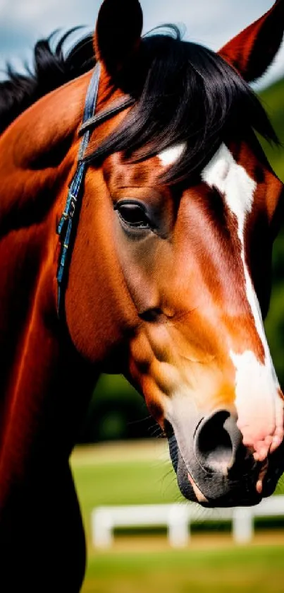 Chestnut horse standing in a green meadow with a lush forest background.