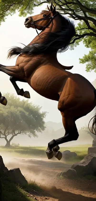 A powerful horse rears up in a lush, green natural setting.