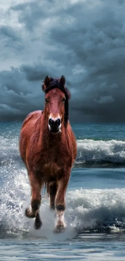 Horse running through ocean waves with dramatic sky backdrop.