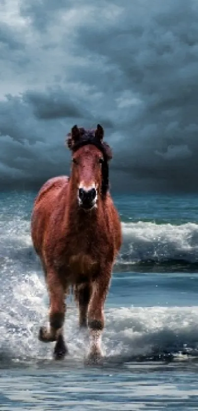 Horse galloping through ocean waves under a dramatic sky.