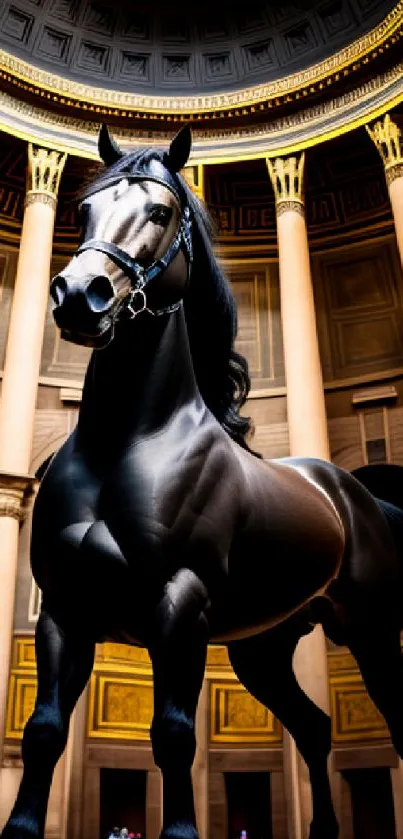 Majestic black horse inside Roman dome, elegant and powerful setting.