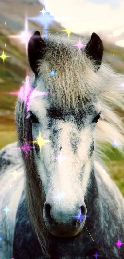 Majestic horse in mountain landscape with green fields.