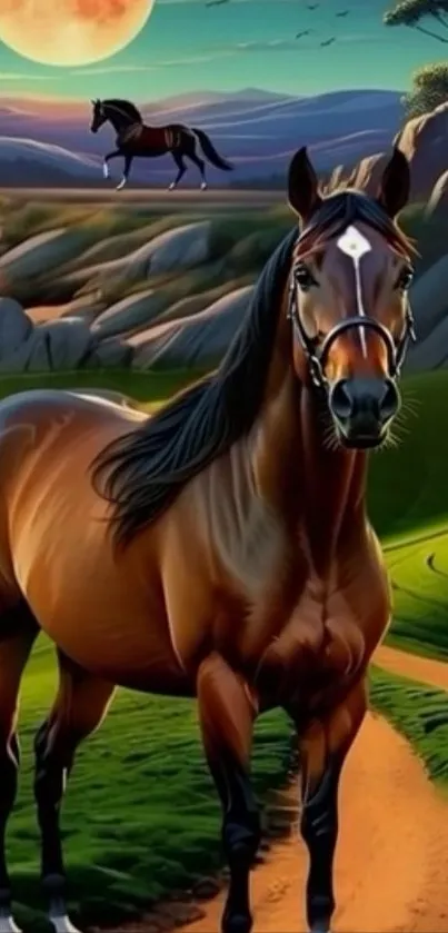 Majestic horse in a colorful landscape with a distant moonlit horizon.