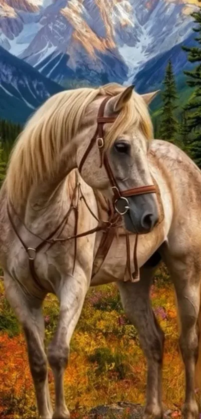 A majestic horse stands in front of a scenic mountain landscape.