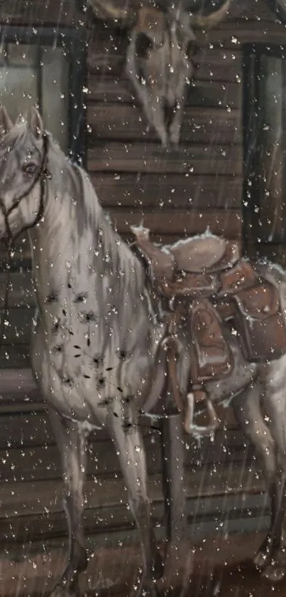 Majestic white horse standing in gentle snowfall with a wooden backdrop.