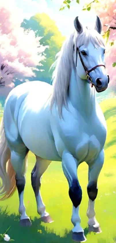 White horse standing among spring blossoms.