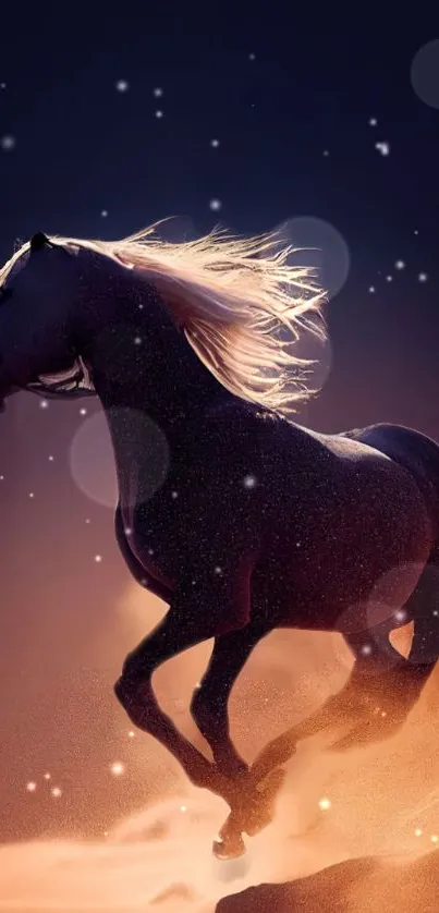 Majestic horse galloping under starry night sky with glowing effect.