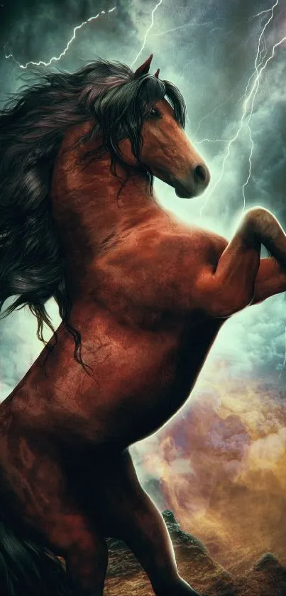 Rearing horse in a lightning storm wallpaper.