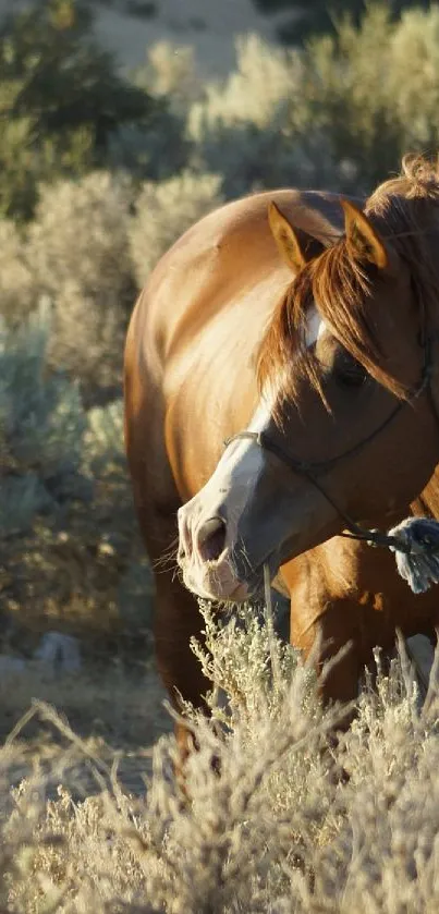Brown horse grazes among sunlit desert shrubs.