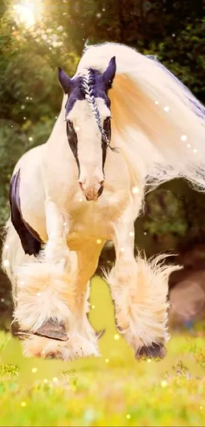 Majestic horse with flowing mane in a sunlit field.