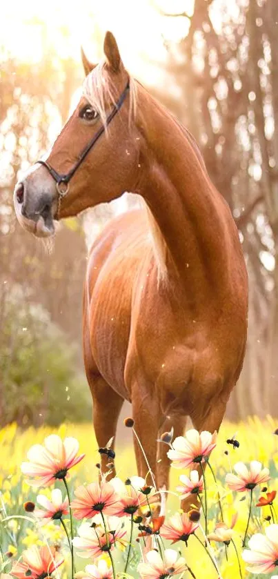 Brown horse in a sunlit flower field with a forest background.