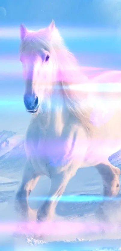 Majestic white horse in pastel hues galloping through snowy landscape.