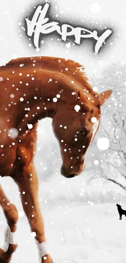 Majestic brown horse in snowy winter landscape.