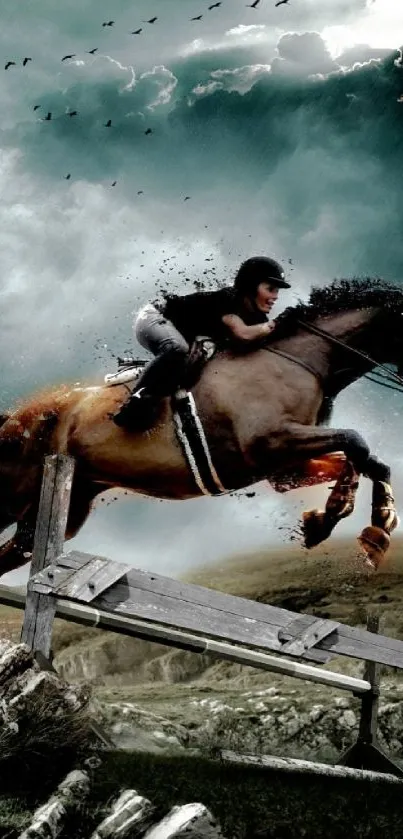 Horse and rider jumping over an obstacle against a stormy sky.