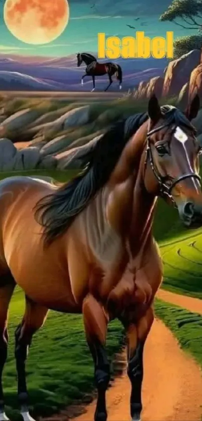 Majestic horse in a moonlit landscape.