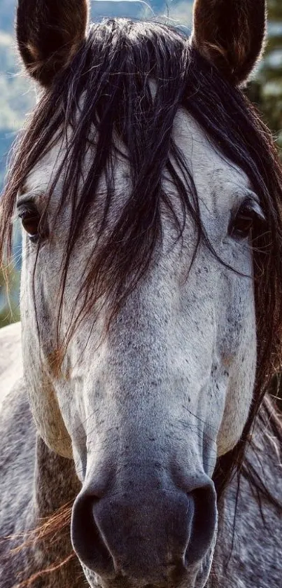 A majestic gray horse with a natural scenic backdrop.