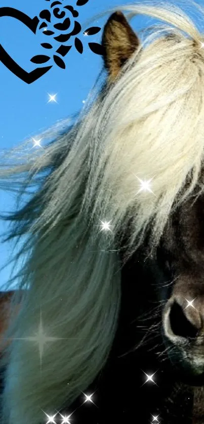 Elegant horse with a shimmering mane on a blue sky background.