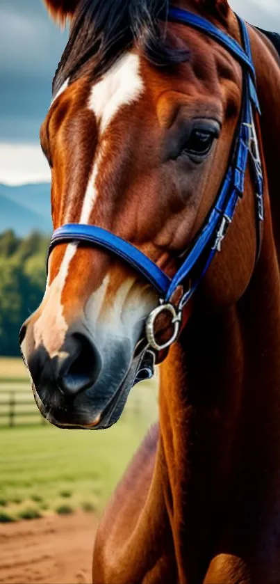 Majestic brown horse with blue bridle against scenic backdrop.