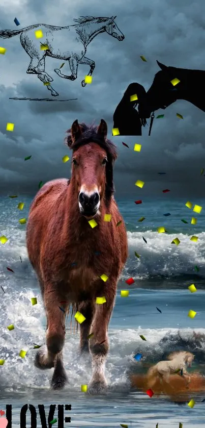 Horse galloping on beach with stormy clouds and ocean waves.