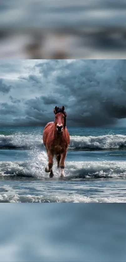 Majestic horse galloping through ocean waves with a dramatic sky.