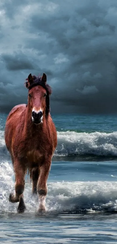 Horse galloping through ocean waves under a dramatic sky on a beach.