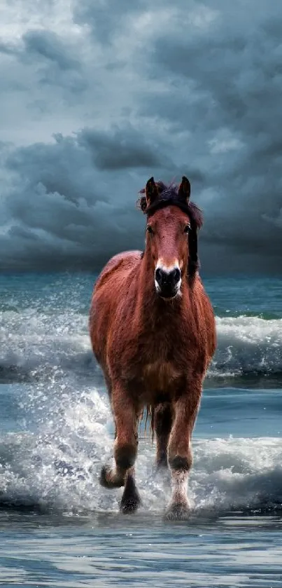 Majestic brown horse running on a beach with ocean waves and cloudy sky.