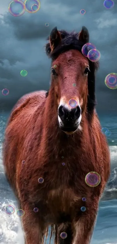 Brown horse on a beach with artistic bubbles and waves.