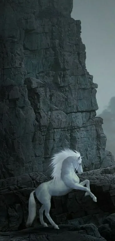 Majestic white horse on rocky cliff with dramatic sky.