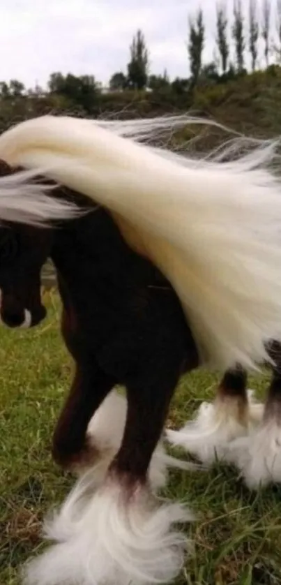 Majestic horse with flowing mane on grass field.