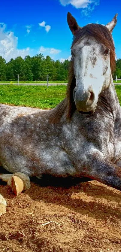 Majestic horse resting on lush green pasture under a vivid blue sky.