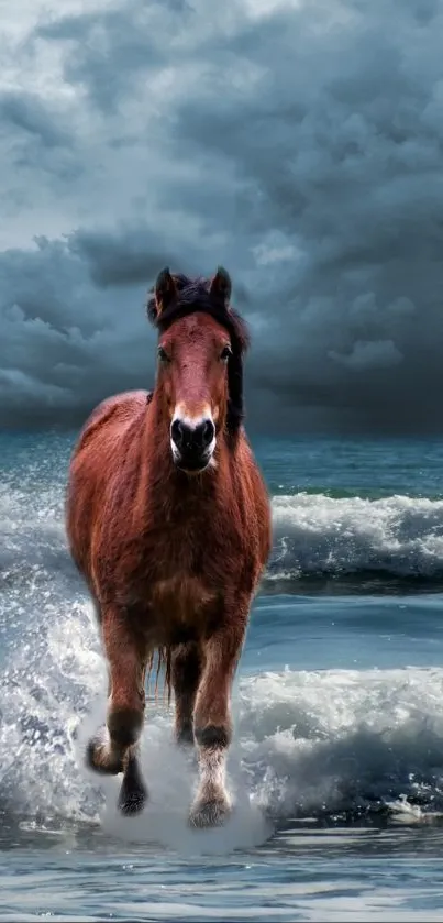 Brown horse running along stormy ocean shore with dark clouds.