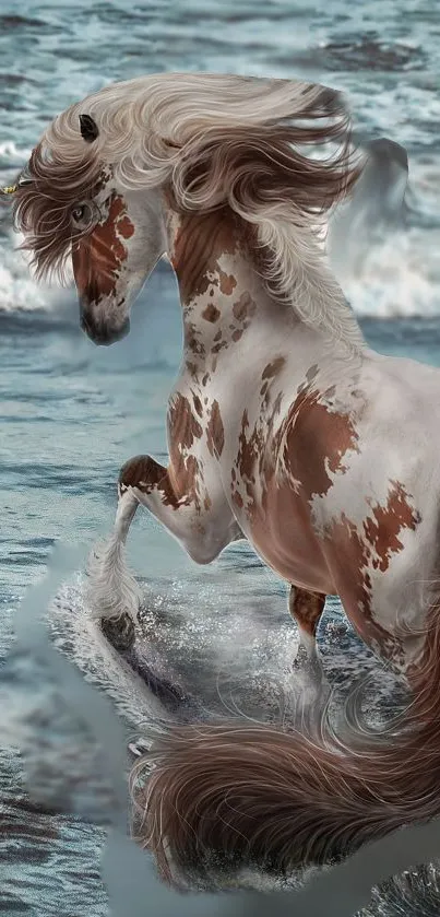 Majestic horse galloping through ocean waves.