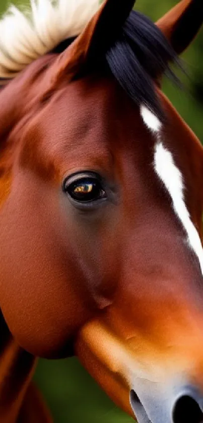 Close-up portrait of a majestic brown horse with striking details.