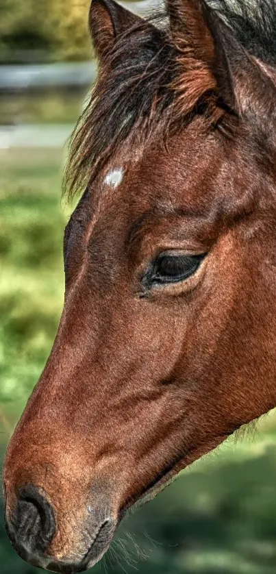 Brown horse portrait with lush green background.