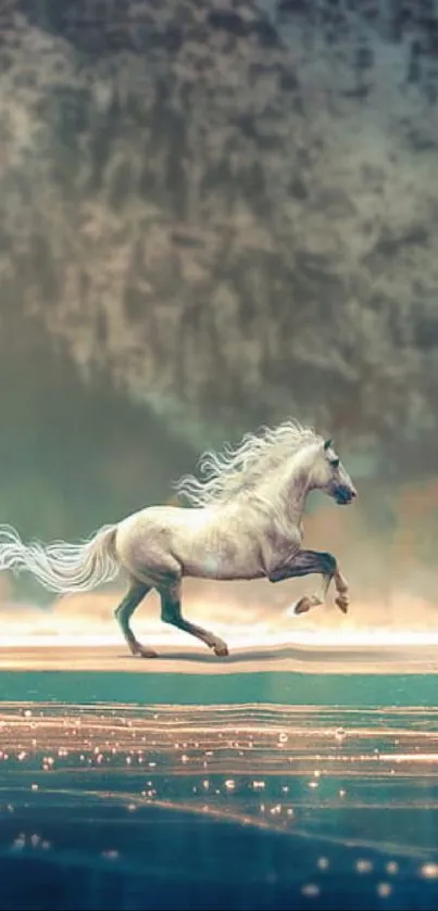 Majestic horse galloping on a tranquil beach.