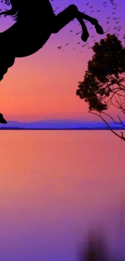 Horse silhouette with sunset and tree over water.